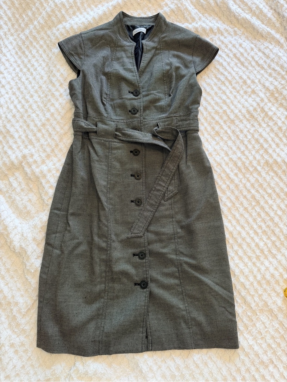Calvin Klein Olive Gray Button-Front Belted Sheath Dress